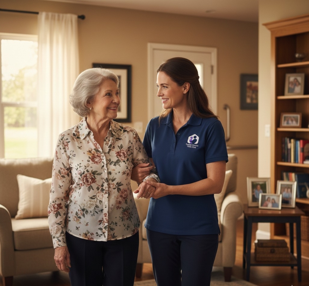 Tender Hands Home Care professional caregiver assisting senior with safe mobility at home