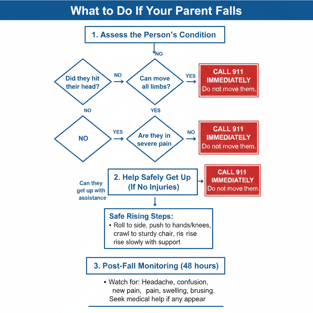 Flowchart showing what to do when an elderly parent falls at home