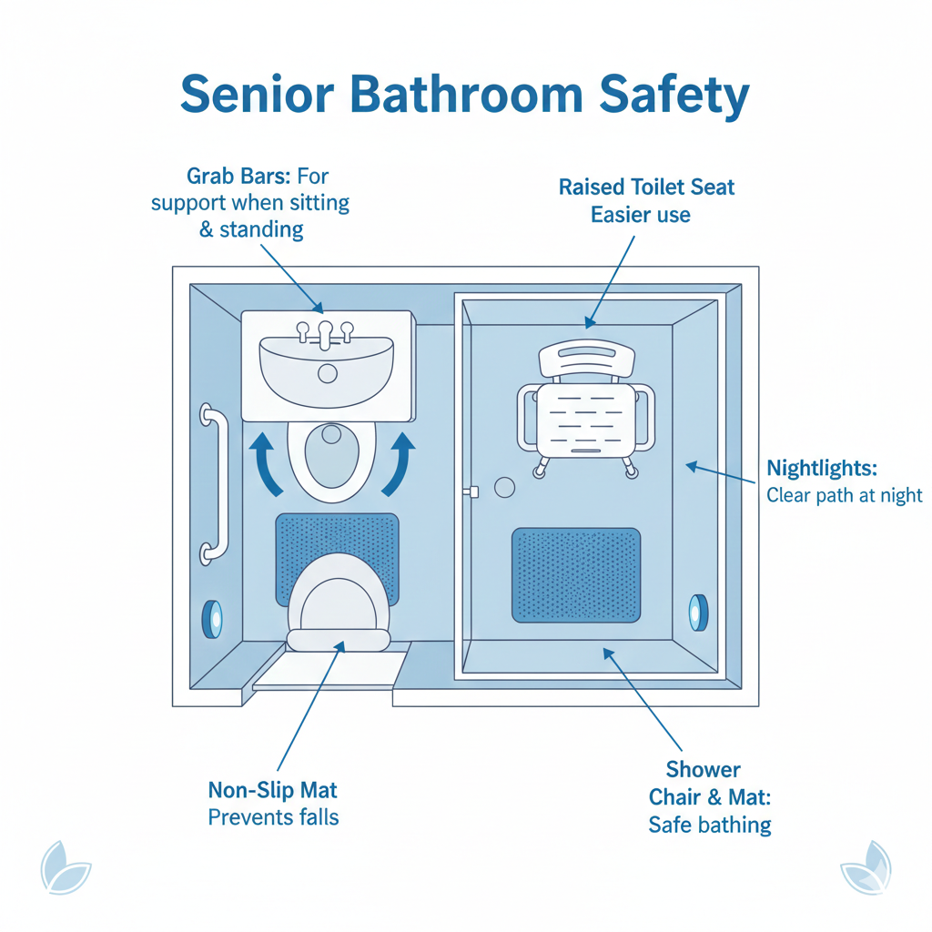 Checklist infographic showing how to prevent senior fall by attaching grab bars and safety equipment placement